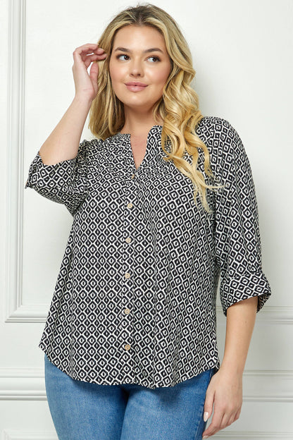 PLUS TOPS: MANDARIN COLLAR  PLAKET  BLOUSE