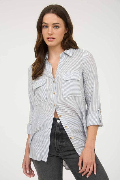 TOPS: STRIPED COLLARED BUTTON DOWN WITH POCKETS: BLACK