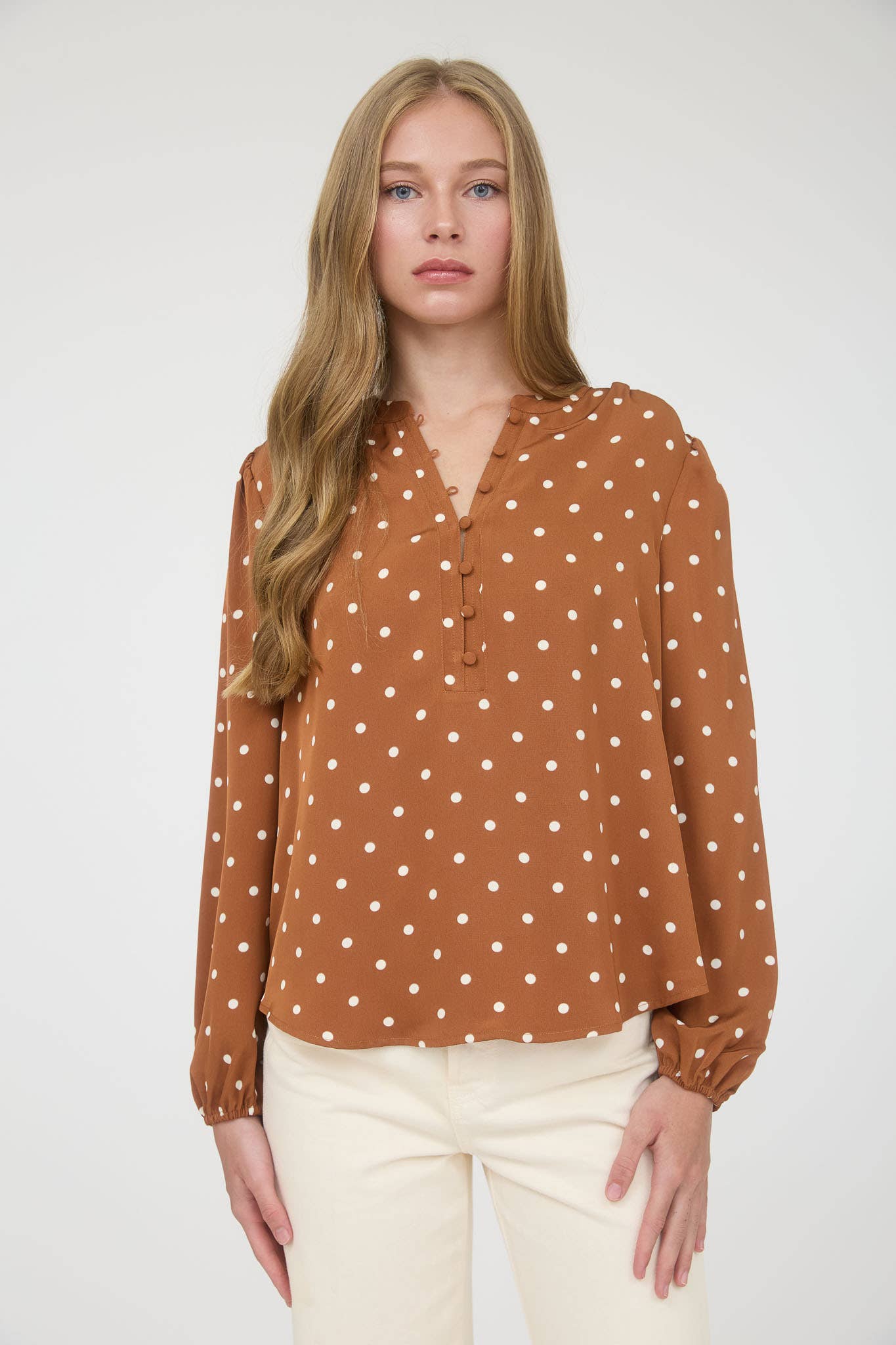 TOPS: POLKA DOT HENLEY LONG SLEEVE BLOUSE