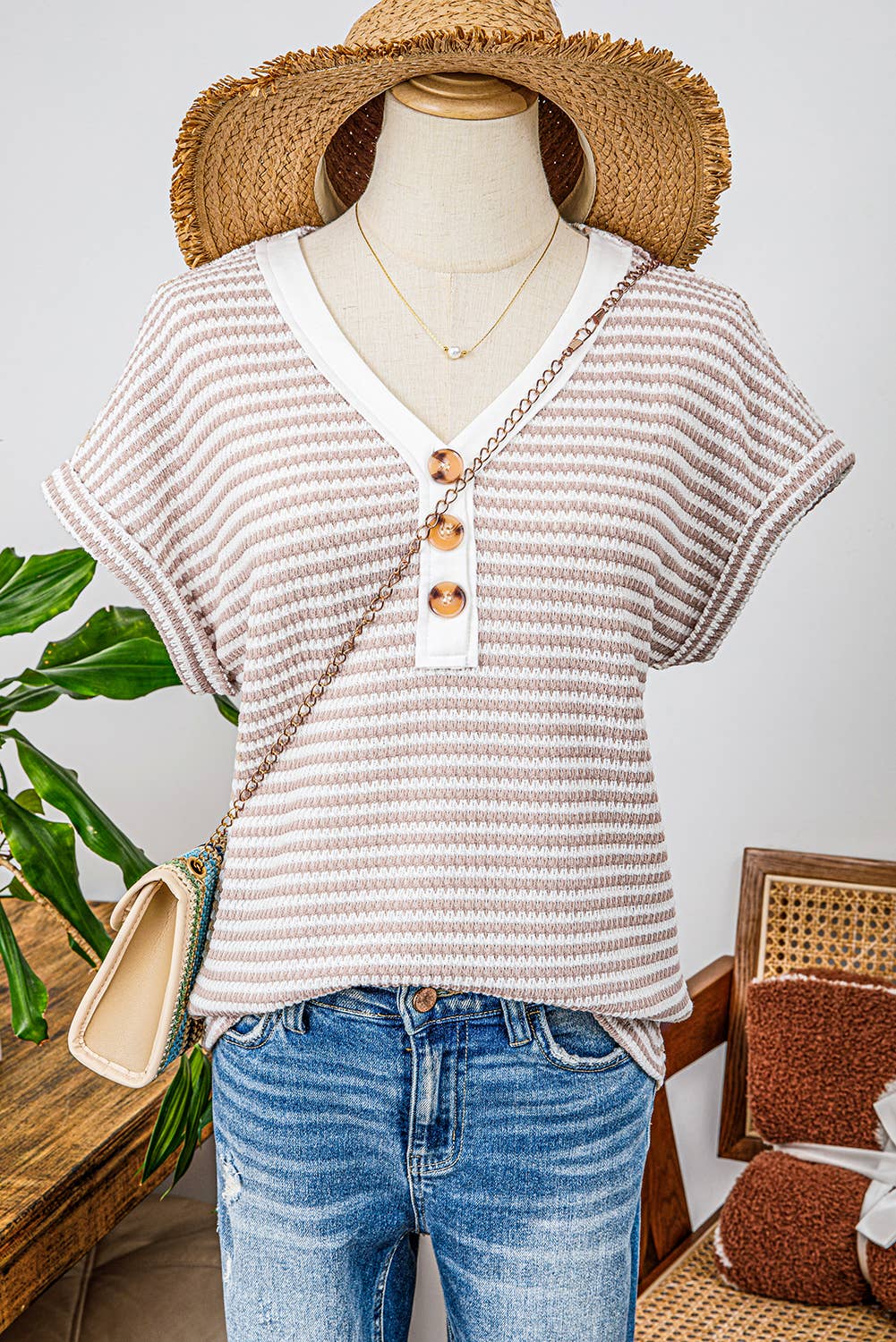 TOPS: Fashion-W Stripe Buttoned Front V Neck Knitted T Shirt