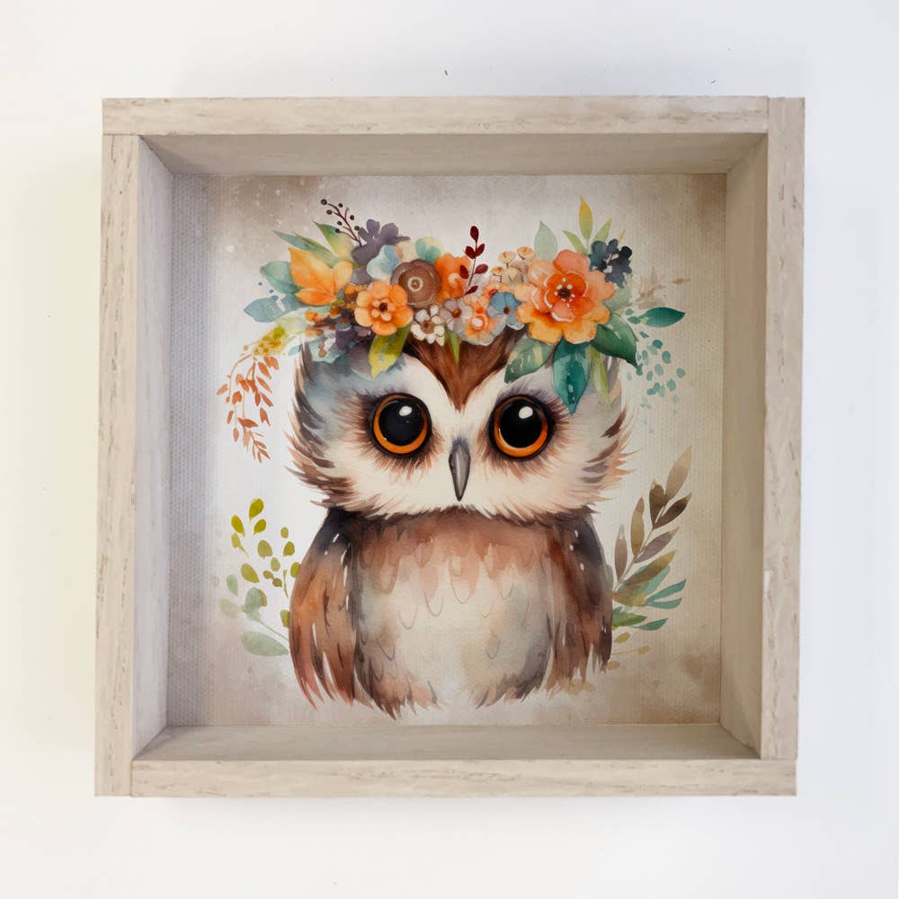 HOME: Boho Cute Owl Wall Art - Nursery Canvas Art - Wood Framed