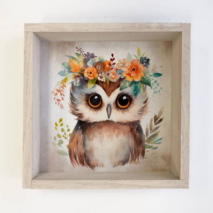HOME: Boho Cute Owl Wall Art - Nursery Canvas Art - Wood Framed