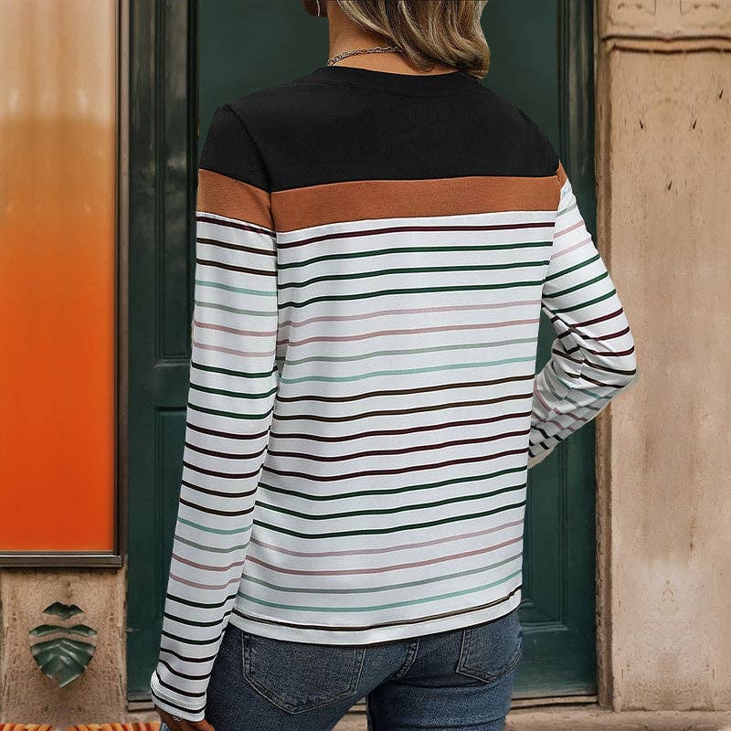 TOPS: Crew Neck Colored Striped Contrast Long Sleeve T-Shirt