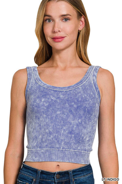 Washed Ribbed Cropped Seamless Scoop Neck Tank Top