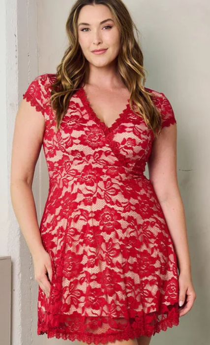 DRESS: SHORT SLEEVE SURPLICE V-NECK LACE MINI DRESS